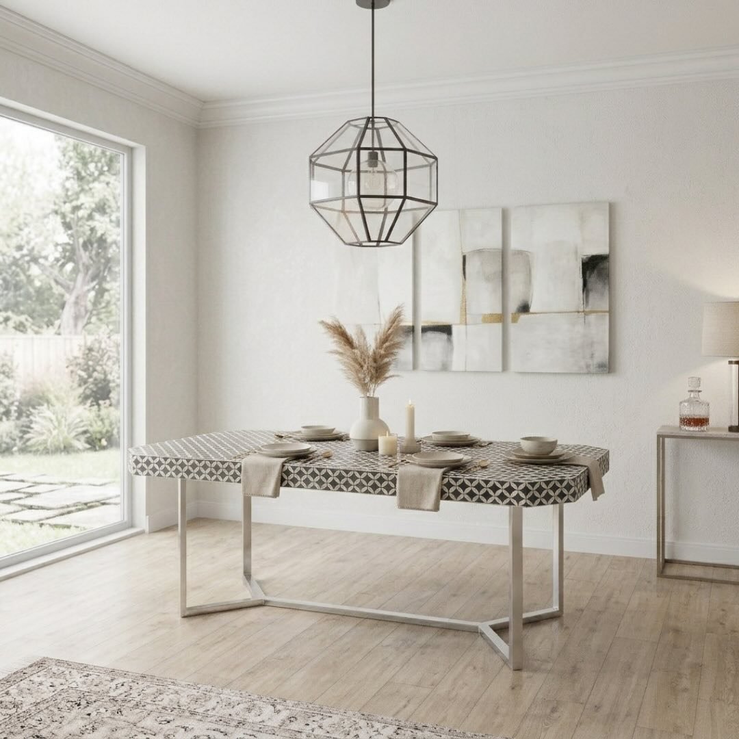 Veylora Geometric Bone Inlay Dining Table Veylora black and white bone inlay six seater dining table with geometric pattern