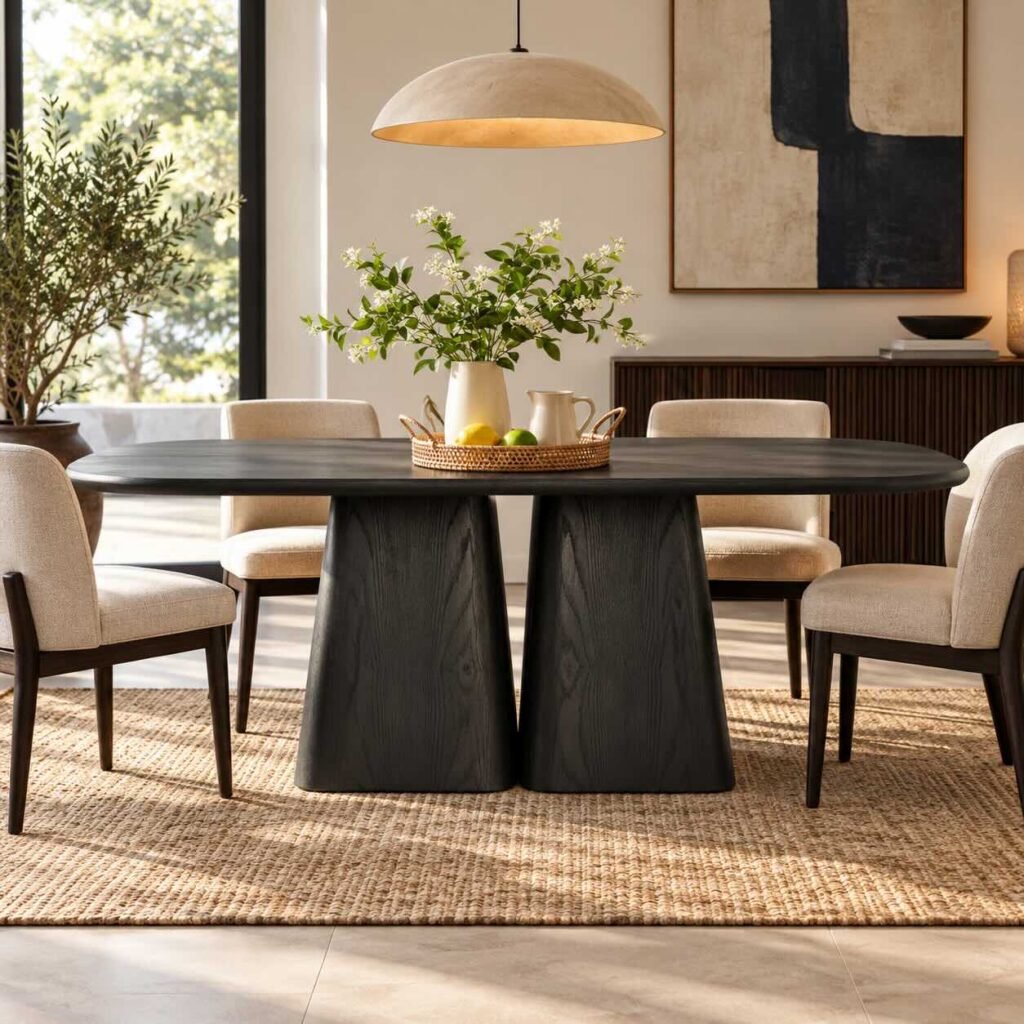 Solid Wood Dining Table for six people in charcoal black finish with rounded rectangular tabletop and dual sculptural pedestal base.