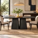 Solid Wood Dining Table for six people in charcoal black finish with rounded rectangular tabletop and dual sculptural pedestal base.
