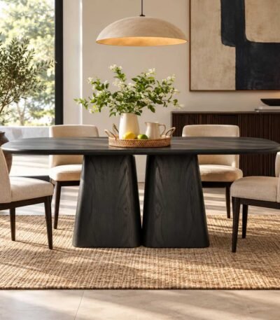 Solid Wood Dining Table for six people in charcoal black finish with rounded rectangular tabletop and dual sculptural pedestal base.