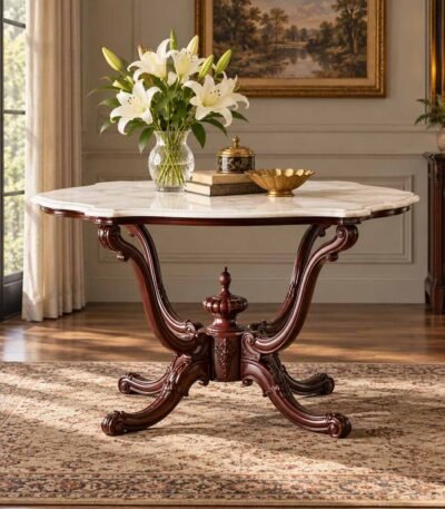 Rosewood Oval Dining Table with white marble top, ornately carved dark wood pedestal and curved cabriole legs.