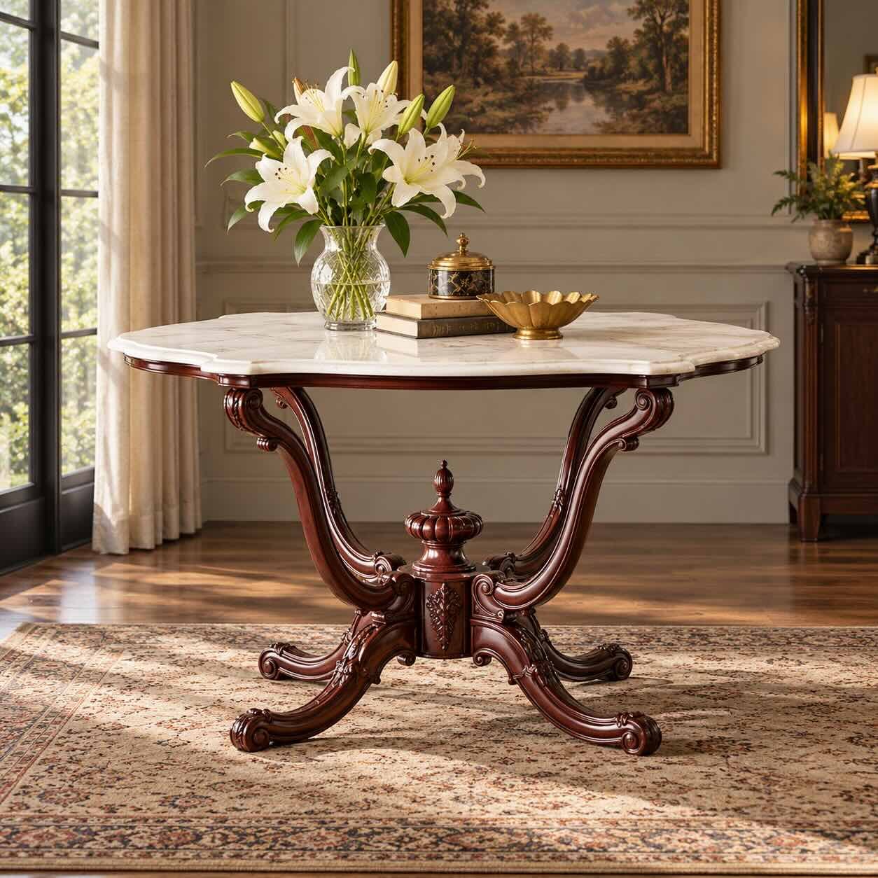 Victorian Crest Rosewood Oval Dining Table with White Marble Top and Carved Pedestal Rosewood Oval Dining Table with white marble top, ornately carved dark wood pedestal and curved cabriole legs.