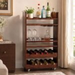 Vintrel solid mango wood bar trolley with dual wine racks and open shelves in walnut veneer finish.