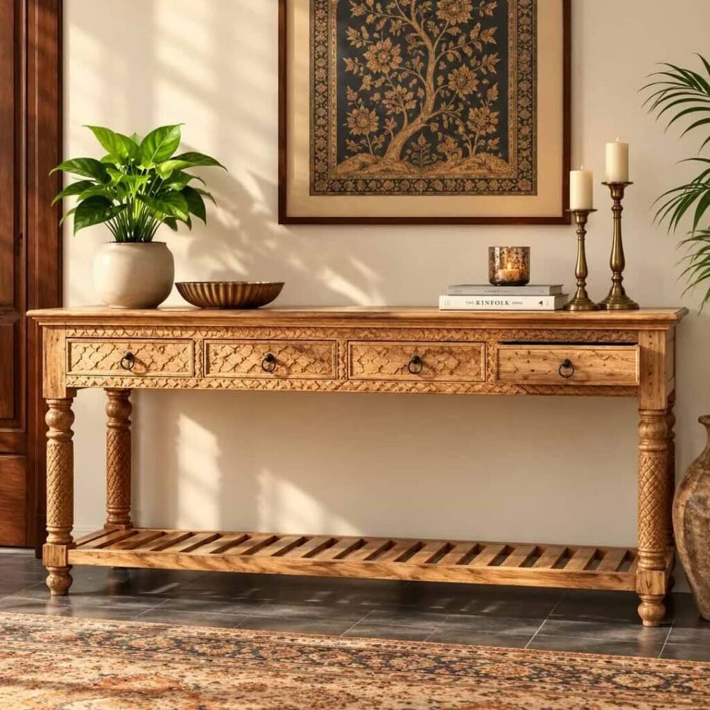 Hand Carved Mango Wood Console Table with four carved drawers, traditional pillar legs and slatted lower wooden shelf.