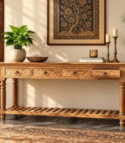 Hand Carved Mango Wood Console Table with four carved drawers, traditional pillar legs and slatted lower wooden shelf.