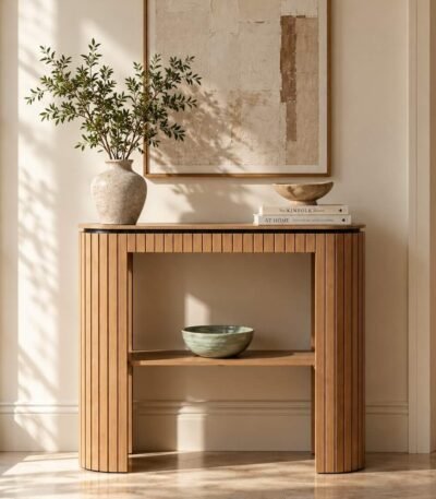 Oak Wood Console Table with fluted curved legs and open shelf in natural finish.