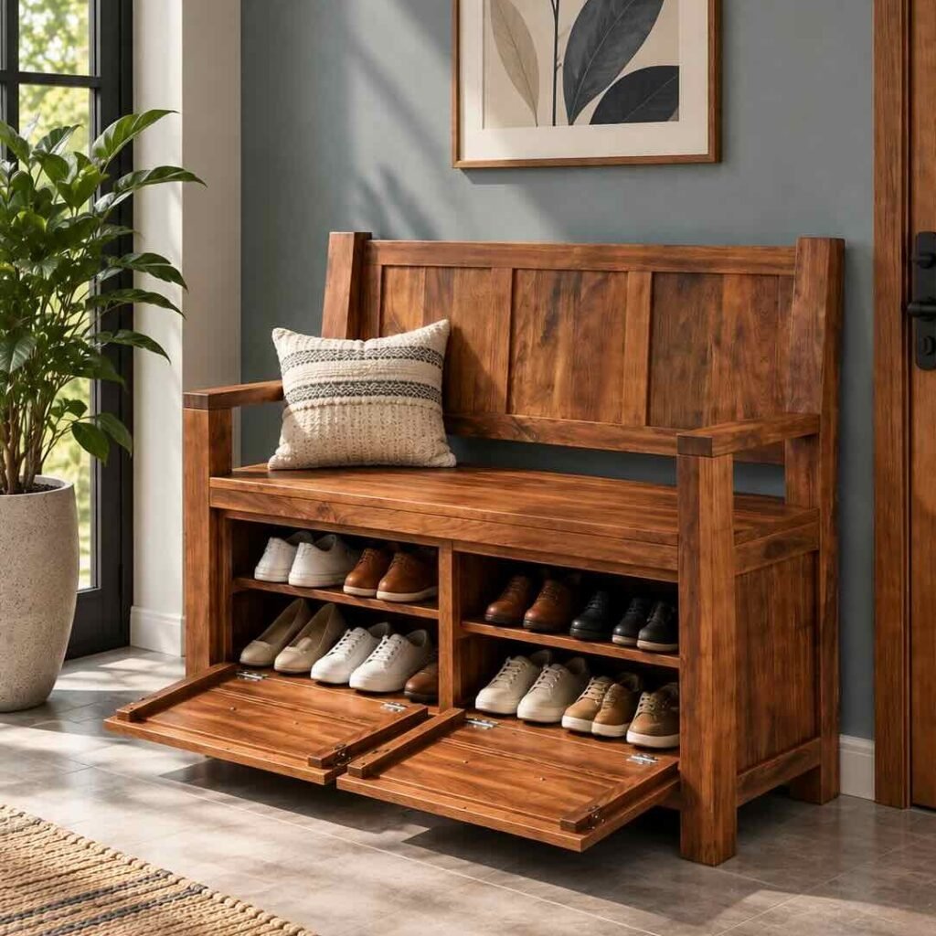 Sheesham Wood Shoe Cabinet with seat, 2 doors and 4 shelves in brown finish.