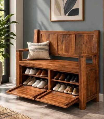 Sheesham Wood Shoe Cabinet with seat, 2 doors and 4 shelves in brown finish.