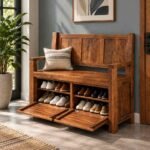 Sheesham Wood Shoe Cabinet with seat, 2 doors and 4 shelves in brown finish.