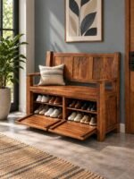 Sheesham Wood Shoe Cabinet with seat, 2 doors and 4 shelves in brown finish.