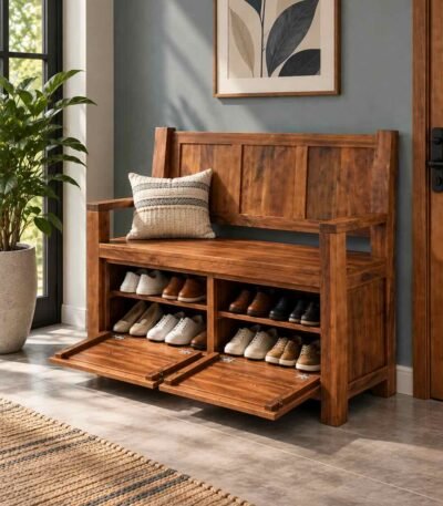Sheesham Wood Shoe Cabinet with seat, 2 doors and 4 shelves in brown finish.