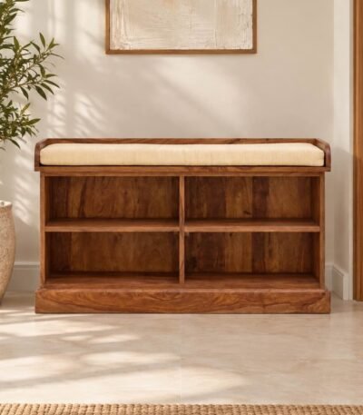 Solid Sheesham wood shoe rack bench with 4 open shelves in natural finish.