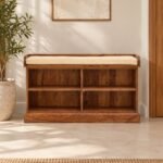 Solid Sheesham wood shoe rack bench with 4 open shelves in natural finish.