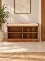 Solid Sheesham wood shoe rack bench with 4 open shelves in natural finish.
