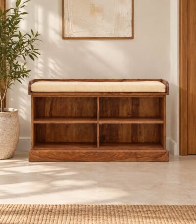 Solid Sheesham wood shoe rack bench with 4 open shelves in natural finish.