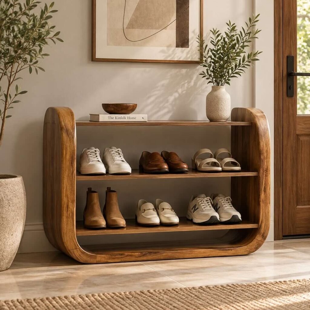 Solid Wood Shoe Rack with curved frame and 2 open shelves in natural finish.