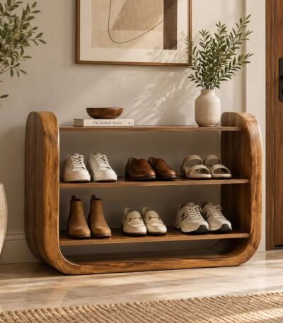 Solid Wood Shoe Rack with curved frame and 2 open shelves in natural finish.