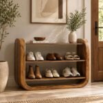 Solid Wood Shoe Rack with curved frame and 2 open shelves in natural finish.