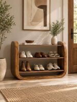 Solid Wood Shoe Rack with curved frame and 2 open shelves in natural finish.