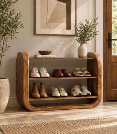 Solid Wood Shoe Rack with curved frame and 2 open shelves in natural finish.