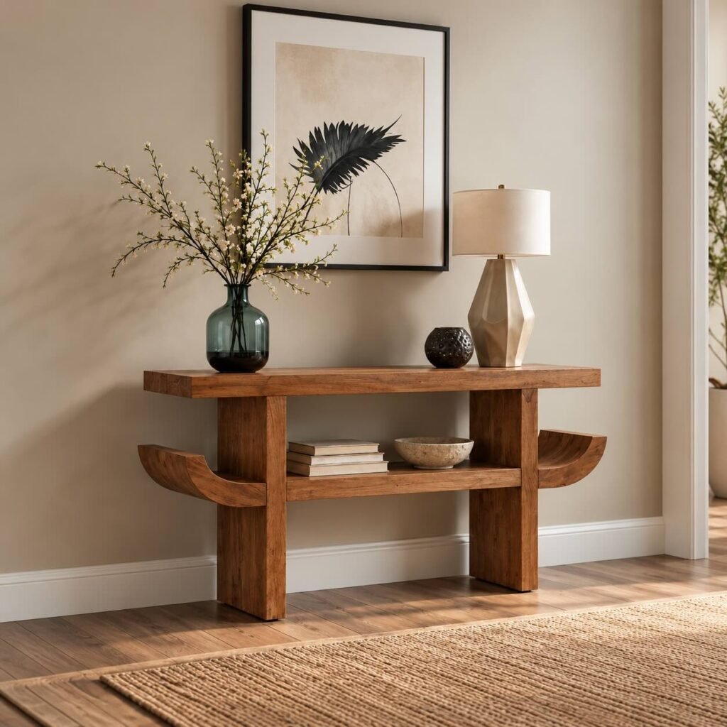 Acacia Wood Console Table with sculptural curved side accents and open lower shelf in natural finish.