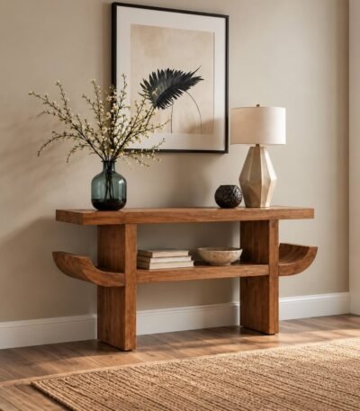 Acacia Wood Console Table with sculptural curved side accents and open lower shelf in natural finish.
