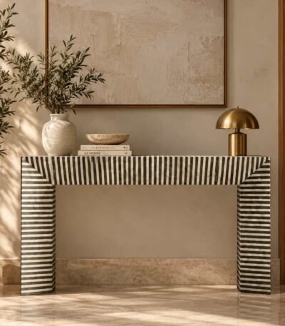 Ebony Cascade Inlay Console Table with black finish, intricate vegan shell inlay detailing and modern waterfall design.