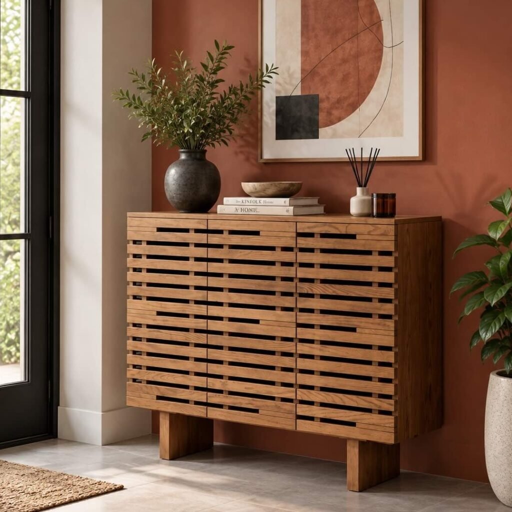 Solid Wood Shoe Cabinet with 3-door horizontal slatted design in brown finish.