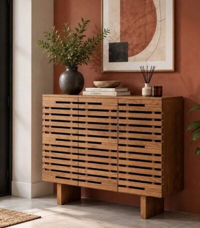 Solid Wood Shoe Cabinet with 3-door horizontal slatted design in brown finish.