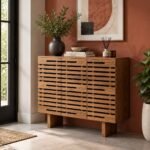Solid Wood Shoe Cabinet with 3-door horizontal slatted design in brown finish.