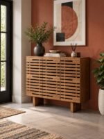 Solid Wood Shoe Cabinet with 3-door horizontal slatted design in brown finish.