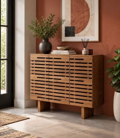 Solid Wood Shoe Cabinet with 3-door horizontal slatted design in brown finish.