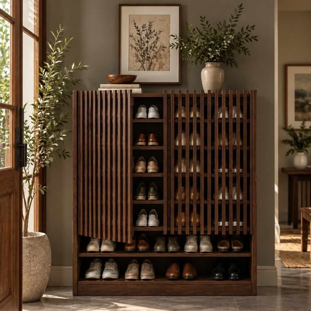 Solid Wood Shoe Cabinet with vertical slatted design and open shelves in walnut finish.