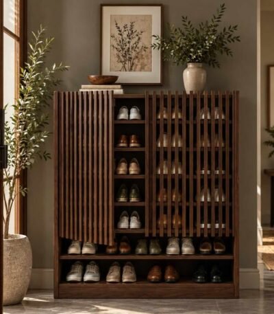 Solid Wood Shoe Cabinet with vertical slatted design and open shelves in walnut finish.