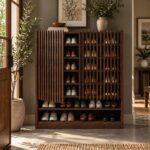 Solid Wood Shoe Cabinet with vertical slatted design and open shelves in walnut finish.