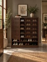 Solid Wood Shoe Cabinet with vertical slatted design and open shelves in walnut finish.