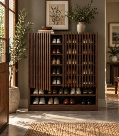 Solid Wood Shoe Cabinet with vertical slatted design and open shelves in walnut finish.