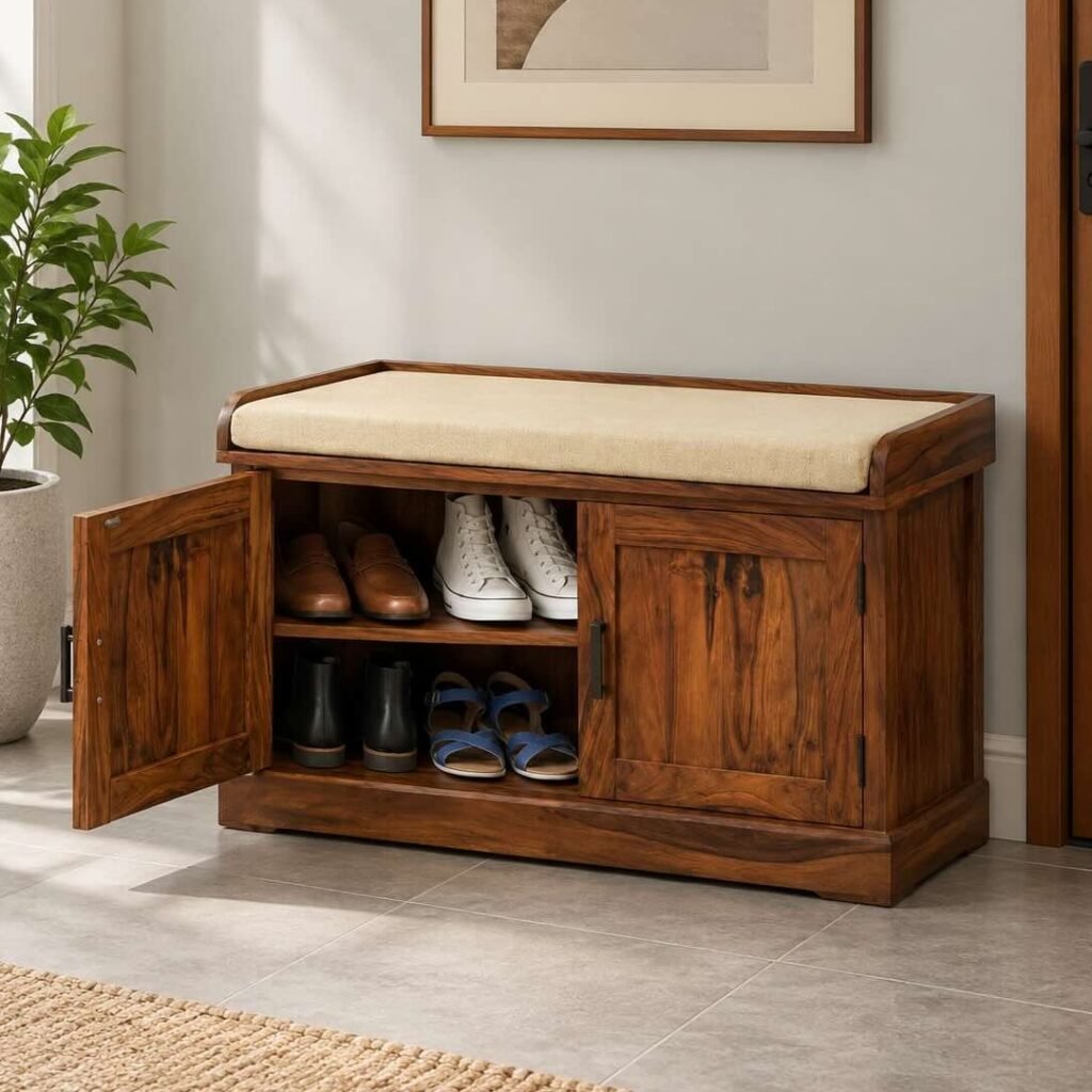 Sheesham Wood Shoe Cabinet with cushioned seat, 2 doors and 4 shelves in natural finish.