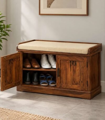 Sheesham Wood Shoe Cabinet with cushioned seat, 2 doors and 4 shelves in natural finish.