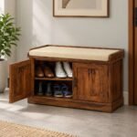 Sheesham Wood Shoe Cabinet with cushioned seat, 2 doors and 4 shelves in natural