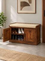 Sheesham Wood Shoe Cabinet with cushioned seat, 2 doors and 4 shelves in natural
