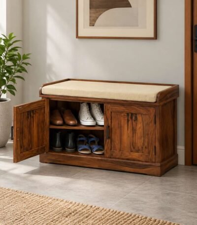 Sheesham Wood Shoe Cabinet with cushioned seat, 2 doors and 4 shelves in natural
