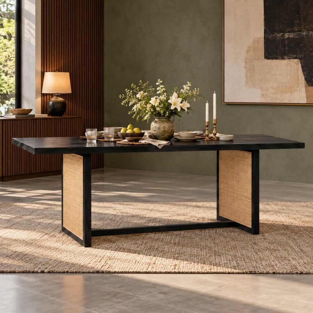 Wovenridge Mango Wood Cane Dining Table with 72-inch black stained wooden tabletop, natural woven cane pedestal legs and modern 6 seater design.