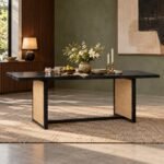 Wovenridge Mango Wood Cane Dining Table with 72-inch black stained wooden tabletop, natural woven cane pedestal legs and modern 6 seater design.