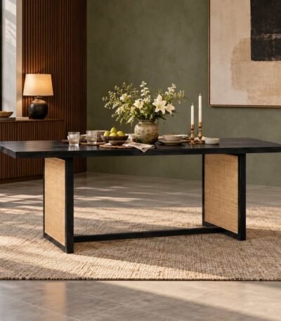 Wovenridge Mango Wood Cane Dining Table with 72-inch black stained wooden tabletop, natural woven cane pedestal legs and modern 6 seater design.