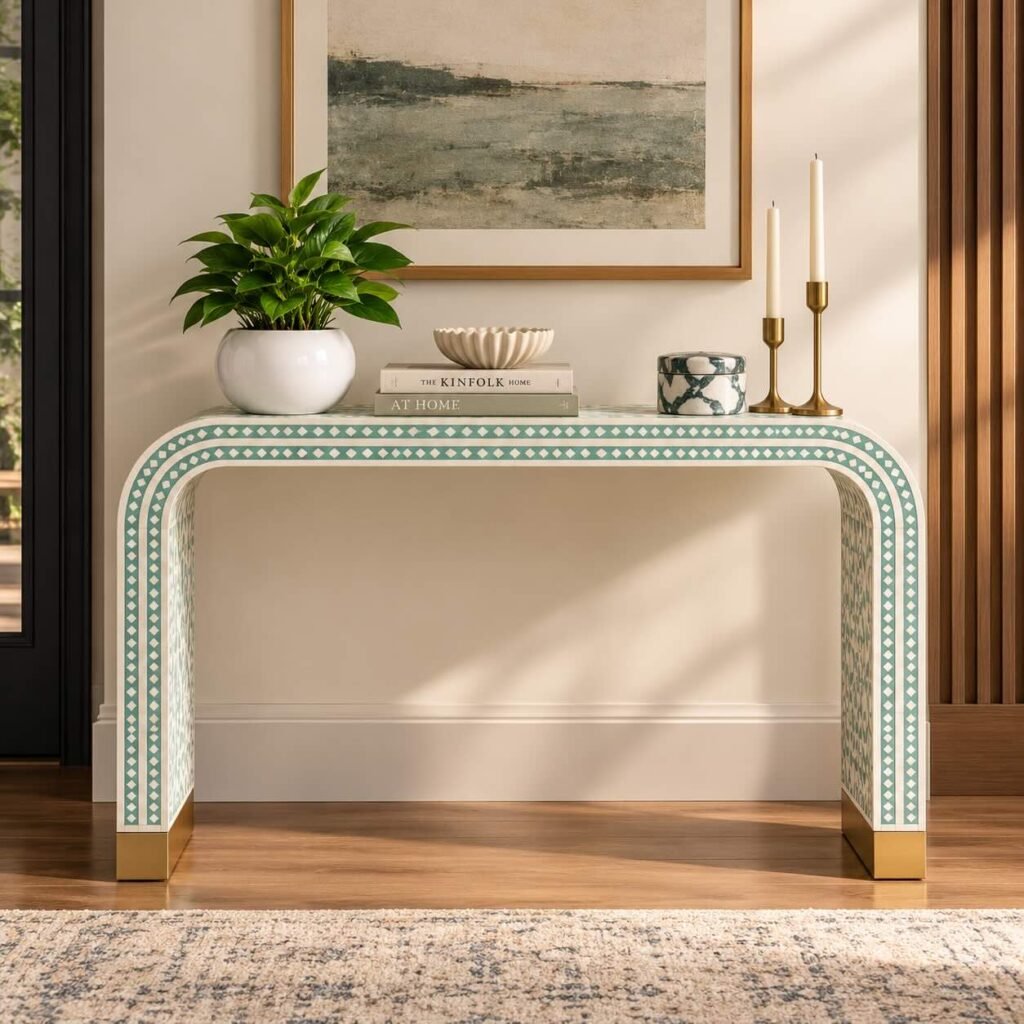 Bone Inlay Console Table with sage green and ivory Moroccan diamond pattern, curved waterfall legs and gold-toned base accents.
