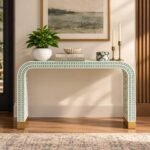 Bone Inlay Console Table with sage green and ivory Moroccan diamond pattern, curved waterfall legs and gold-toned base accents.