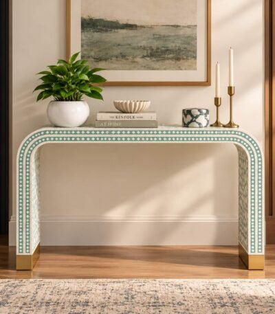Bone Inlay Console Table with sage green and ivory Moroccan diamond pattern, curved waterfall legs and gold-toned base accents.