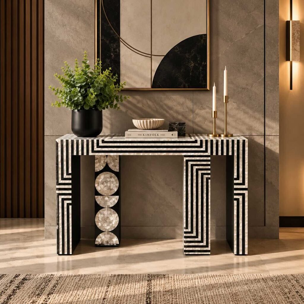 Bone Inlay Console Table with black and ivory geometric maze pattern, circular mother-of-pearl detailing and sculptural legs.
