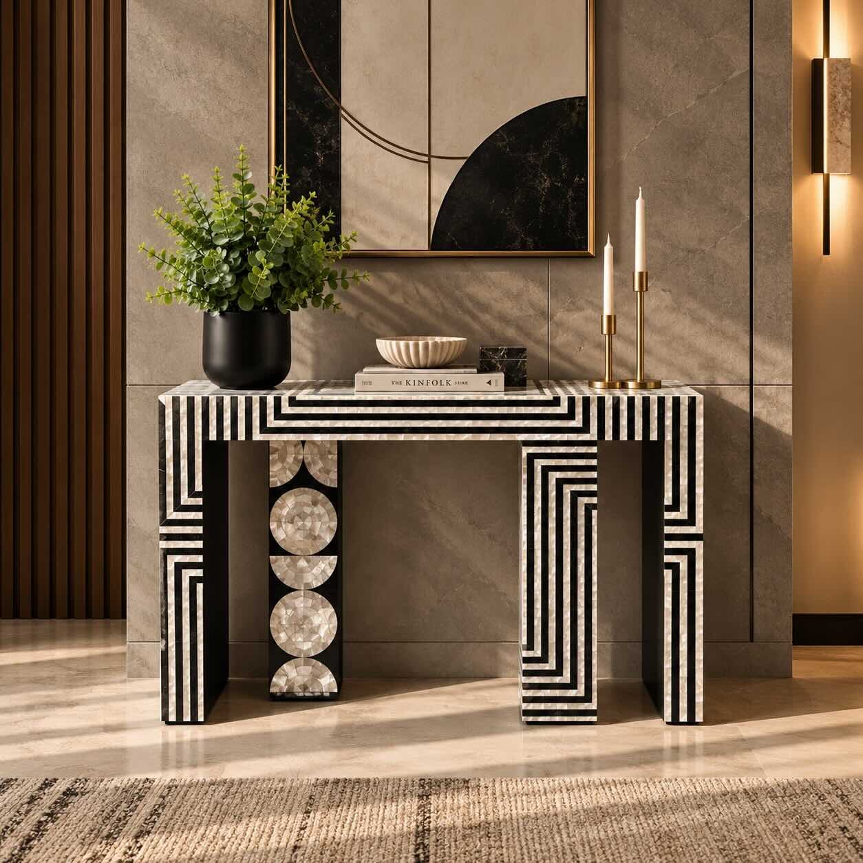 Zenthria Bone Inlay Console Table with Geometric Maze and Mother-of-Pearl Detailing Bone Inlay Console Table with black and ivory geometric maze pattern, circular mother-of-pearl detailing and sculptural legs.